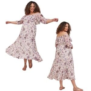 Torrid Purple Floral Mesh Off Shoulder Tiered Maxi Dress Plus Size 0 L 12